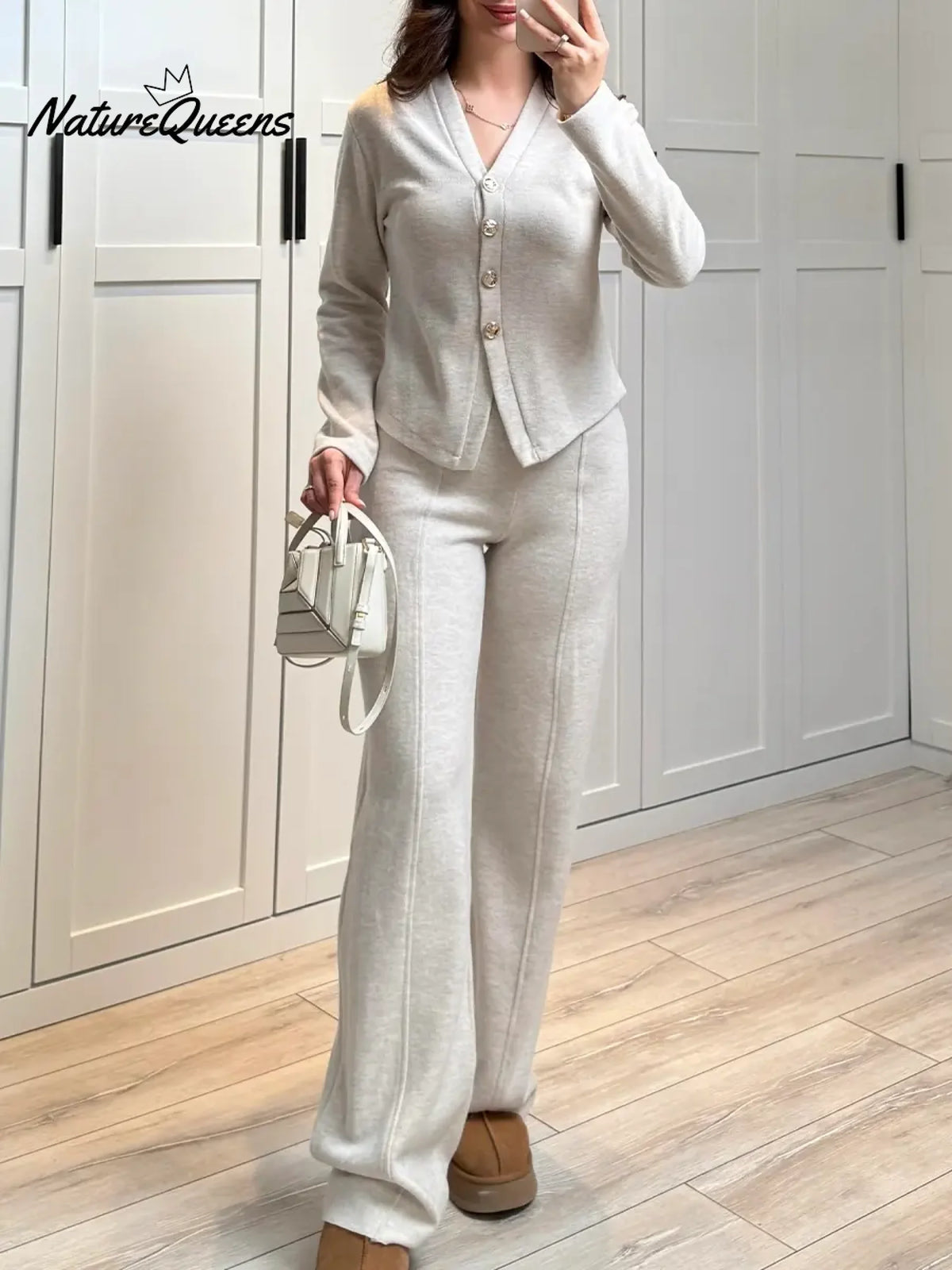Women's Cozy Knitted Cotton Cardigan And Pants Two-piece Set