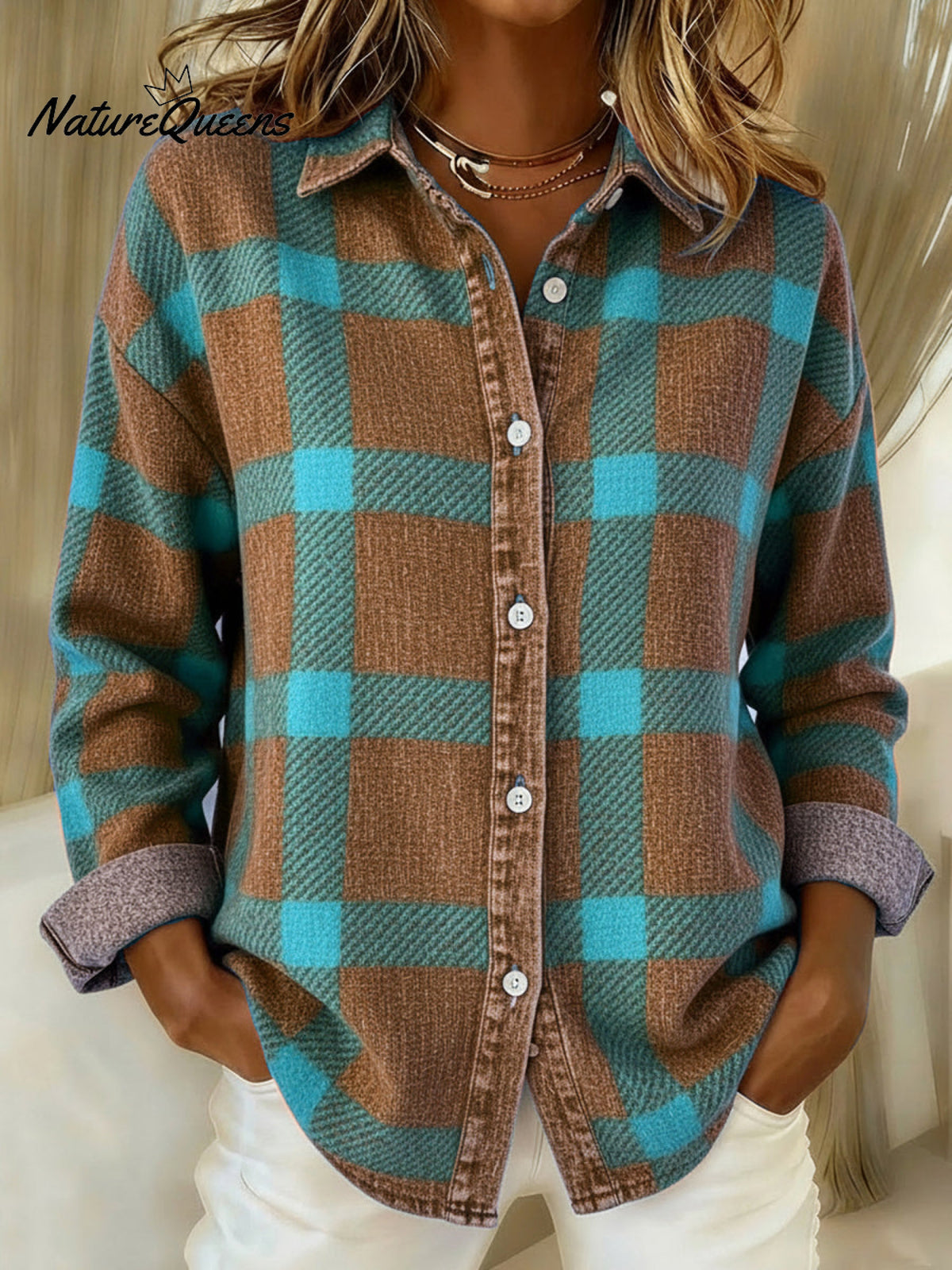Retro Cozy Plaid Print Denim Button-up Shirt