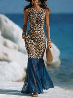 Women's Leopard-Print Paneled Blue Mesh Fishtail Dress