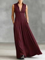 Women's Solid Color Lapel Sleeveless Casual Loose Cotton Dress