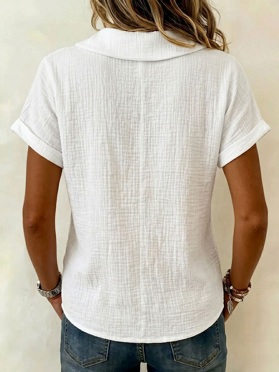 Peter Pan Collar V-neck Short-sleeve Cotton-linen Top