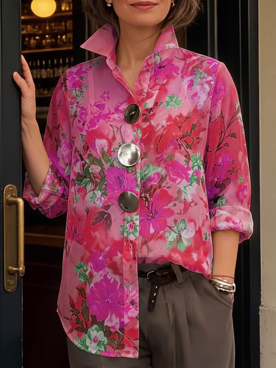 Women's Vintage-print Lapel Shirt — Long Sleeve Casual Loose Fit