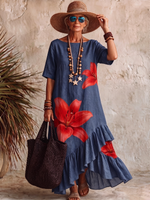 Artistic Lily Print Boat-neck Cotton Dress With Ruffled Hem