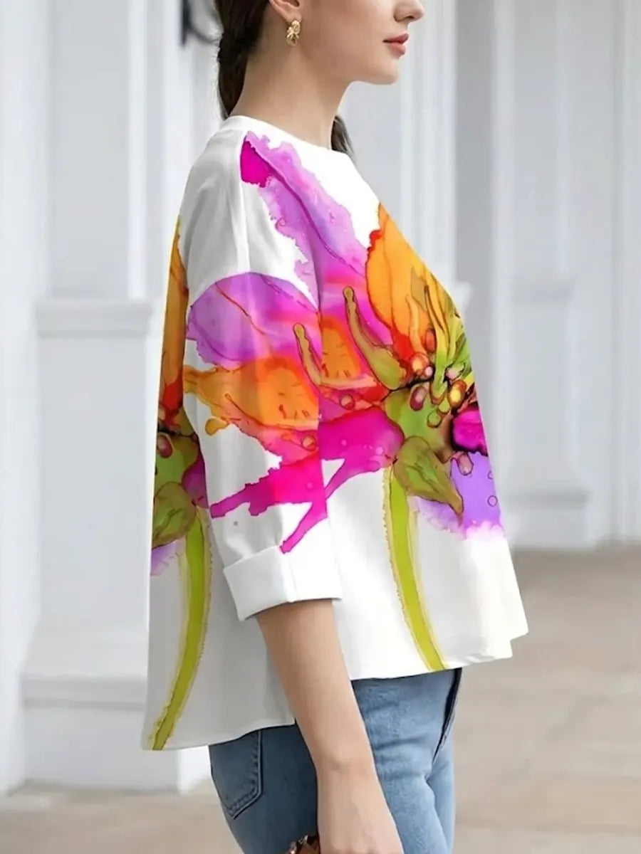 Women's Casual Watercolor Floral Print Top