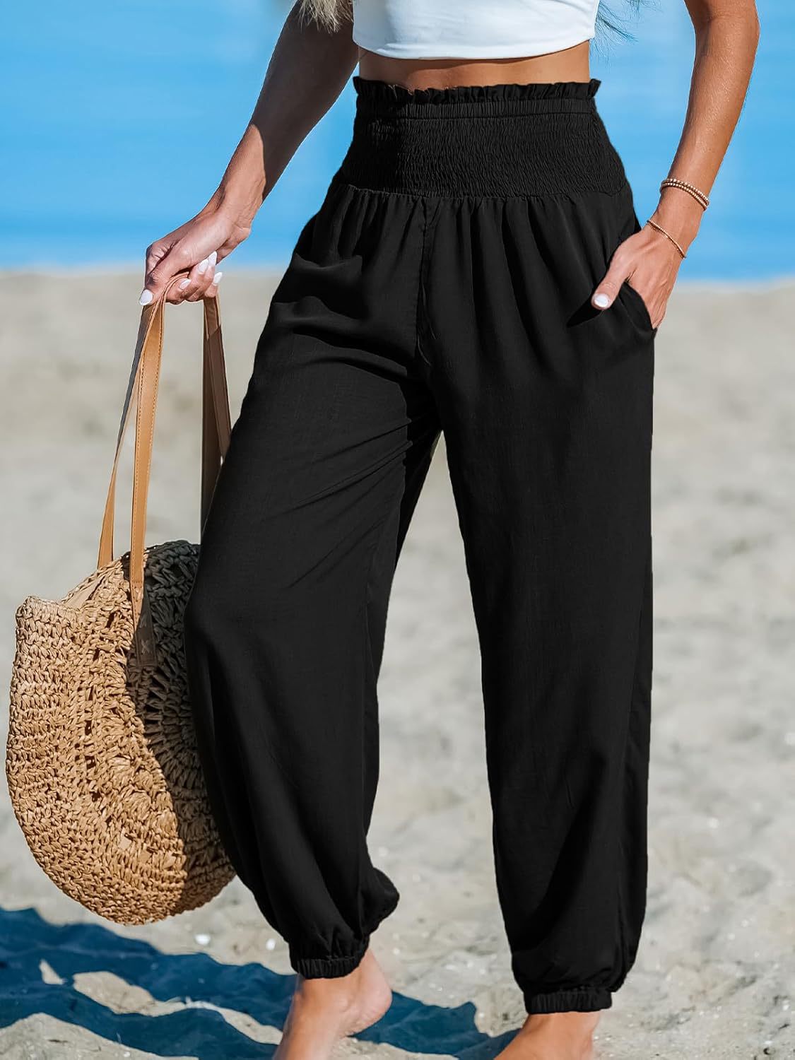 Women's Solid-color Casual Tapered Pants With Elastic Waist