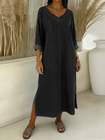 Women's New Spring Collection V-neck Long-sleeved Casual Loose Denim Dress With Side Slits.