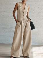 Elegant Lapel Button-up Loose-fitting Linen Jumpsuit
