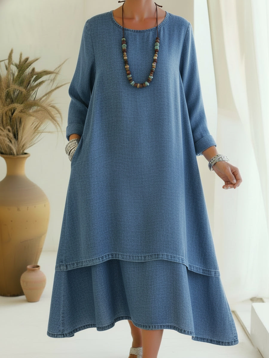 Elegant Double-layered Hem Denim Dress