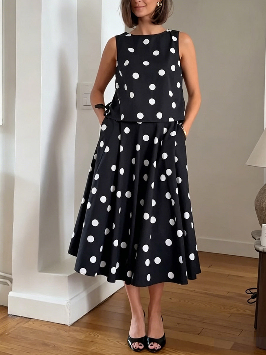 Women's Polka-dot Print Cotton-linen Set: Sleeveless Round-neck Loose-fit Top & High-waisted A-line Skirt