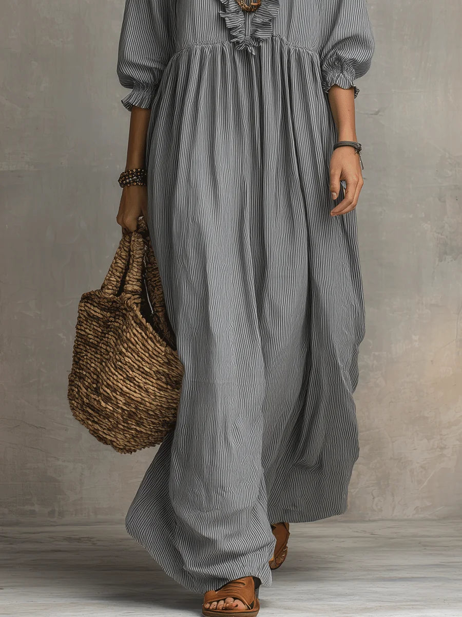 Women's Striped Art Print Casual Stylish Ruffled Vacation Maxi Dress