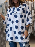 Women's Polka Dot Print Swing Collar 3/4 Sleeve Casual Loose Cotton And Linen Top