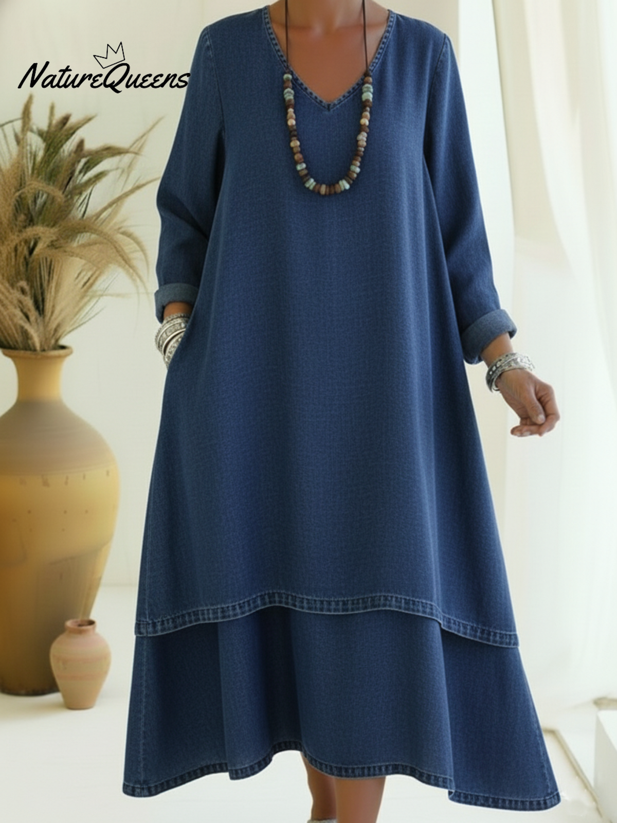 Elegant V-neck Double-layered Hem Denim Dress