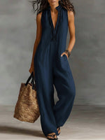 Women's V-neck Sleeveless Casual Loose Cotton And Linen Jumpsuit