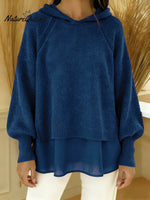 Women's Solid Color Patchwork Long Sleeve Casual Loose Hooded Sweatshirt