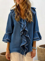 Women's Ruffled V-neck 3/4 Sleeve Casual Loose Denim Top