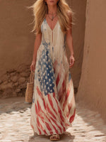 Women's Vintage Flag Print V-neck Sleeveless Loose-fit Chiffon Dress