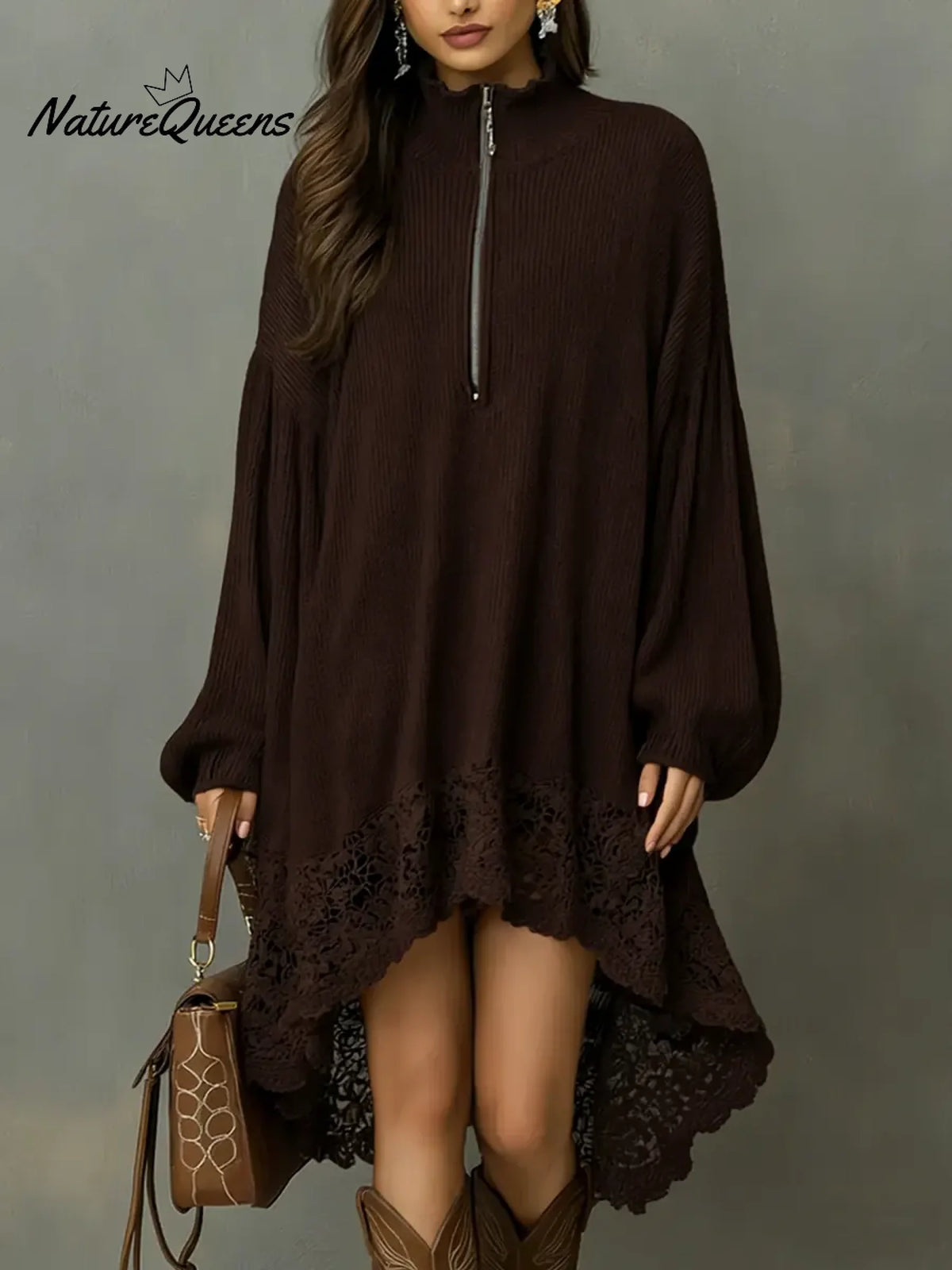 Women's Solid Color Stand-collar Long-sleeved Casual Loose Knit Dress With Lace Trim.