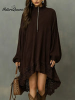 Women's Solid Color Stand-collar Long-sleeved Casual Loose Knit Dress With Lace Trim.