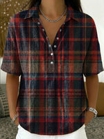 Artistic Plaid-print Short-sleeve Collared Shirt With Half-button Placket