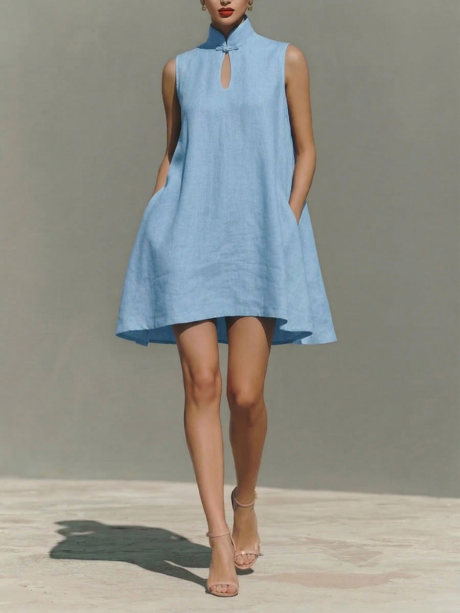 Women's Solid-color Stand-collar Sleeveless Loose-fit Casual Cotton Dress