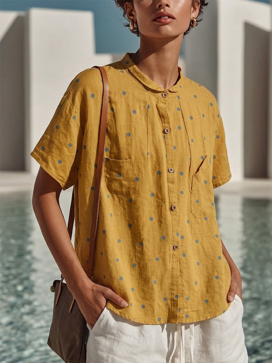 Camisa de manga corta de lino y algodón con lunares