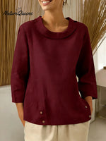 Women's Solid Color Round Neck Three-quarter Sleeve Casual Loose Cotton And Linen Top