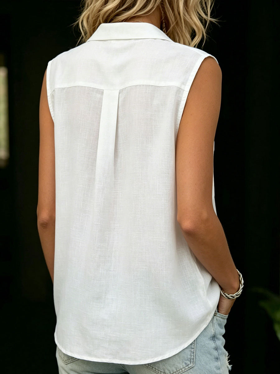 Women's Pockets Lapel Sleeveless Simple Loose-fit Shirt