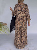 Women's Leopard Print V-neck Long Sleeve Casual Loose A-line Dress
