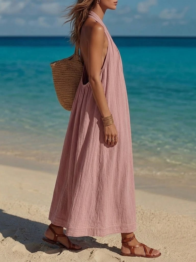 Women's Vacation Style V-neck Sleeveless Cotton Linen Dress