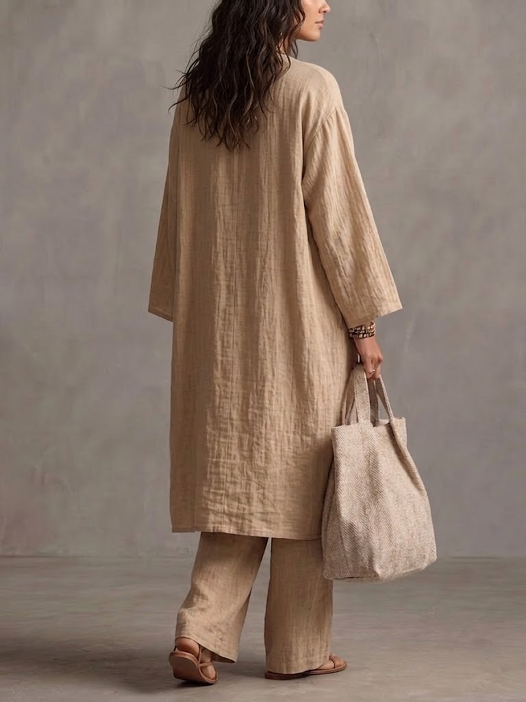 Three-piece Set Featuring A Casual Linen-cotton Blend Cardigan, Trousers, And A Knit Vest.