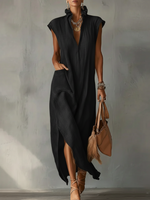 Elegant Ruff Collar Fashion Linen Cotton Midi Dress