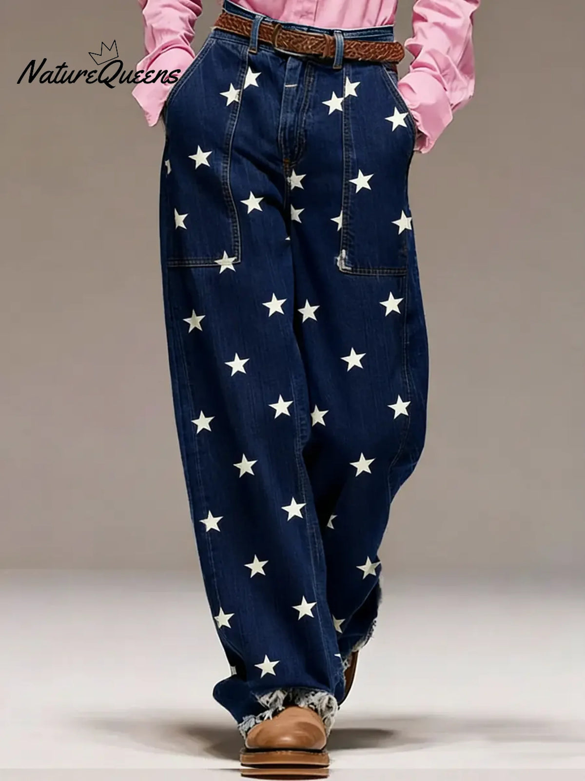Women's Star Print High-waisted Casual Wide-leg Jeans