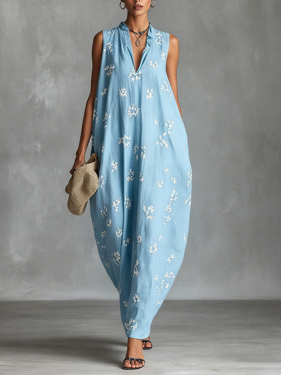 Women's V-neck Sleeveless Casual Loose Cotton Linen Dress