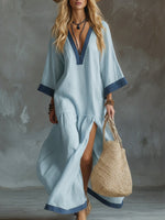 Loose And Cozy Patchwork Denim Dress With Contrasting Trim.