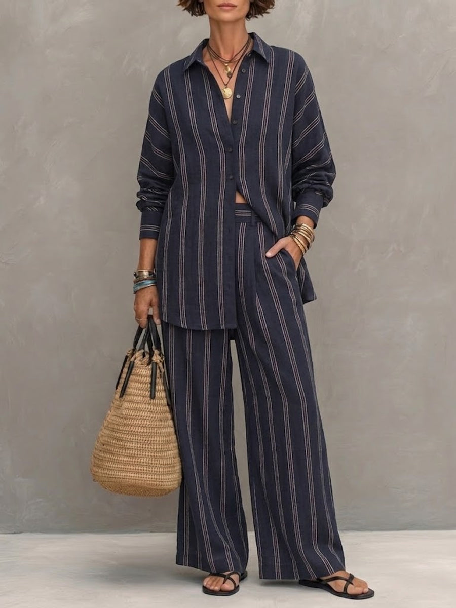 Conjunto informal de algodón y lino a rayas para mujer