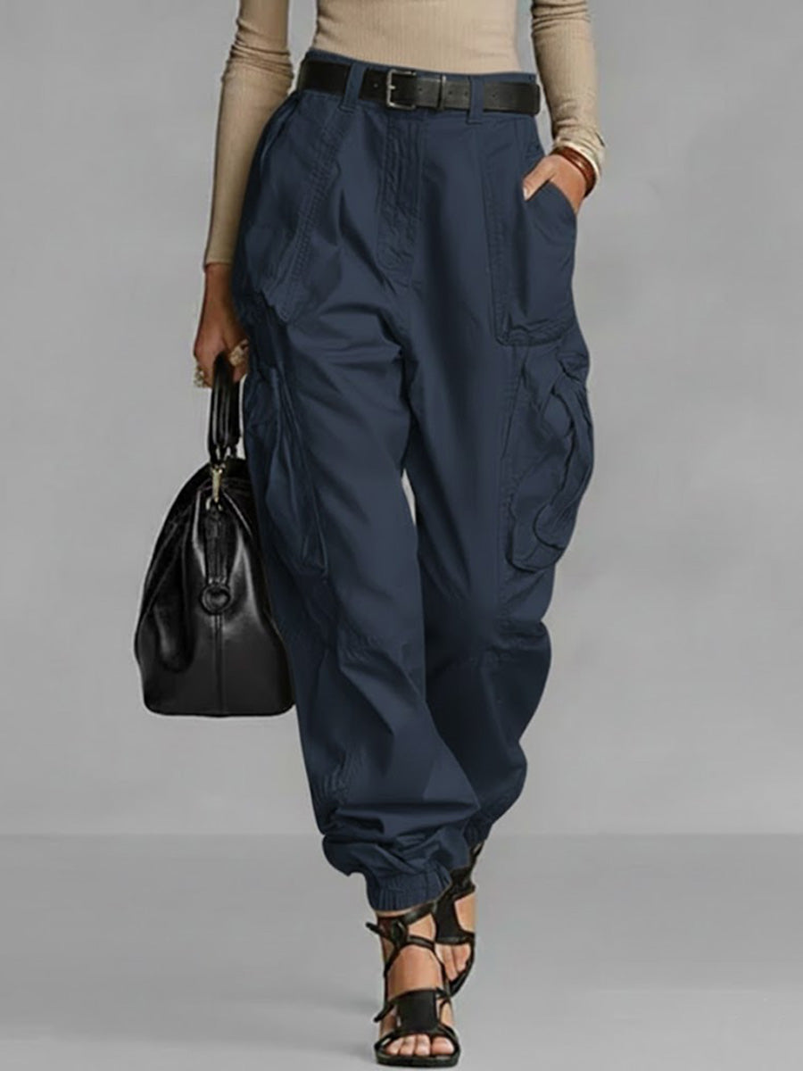 Women's Solid Color High-waisted Casual Loose Wide-leg Cargo Pants
