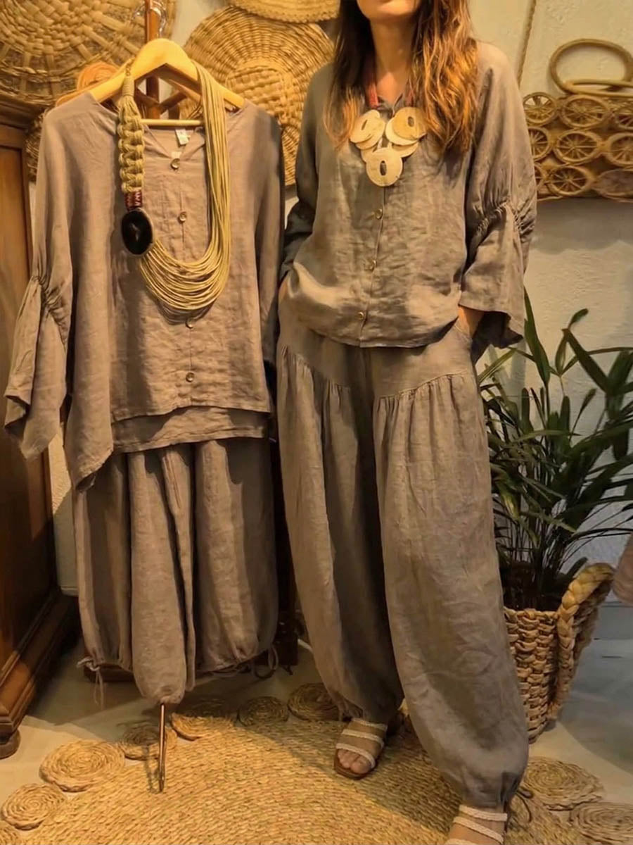 Women's Solid-color Cotton-linen Set: Loose-fit V-neck 3/4-sleeve Top & Elastic-waist Wide-leg Pants