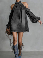 Women's Stand-collar Long-sleeved Casual Loose Denim Dress