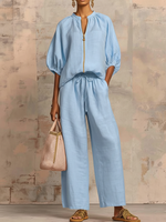 Stylish Cozy Shirt & Wide-Leg Pants Linen Cotton Two-Piece Set