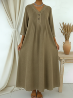 Casual V-neck Pleated Button-down Denim Dress