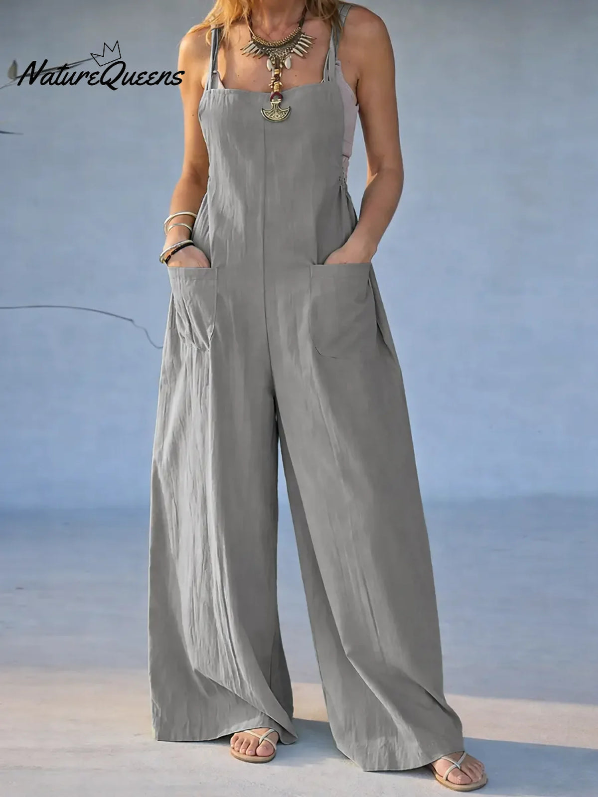 Women's Solid Color High-waisted Casual Loose Cotton And Linen Wide-leg Jumpsuit With Suspenders.