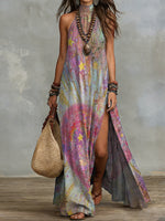 Bohemian Colorful Star-print Halter Maxi Dress With Slit — Vacation-style Cotton-linen Printed Dress