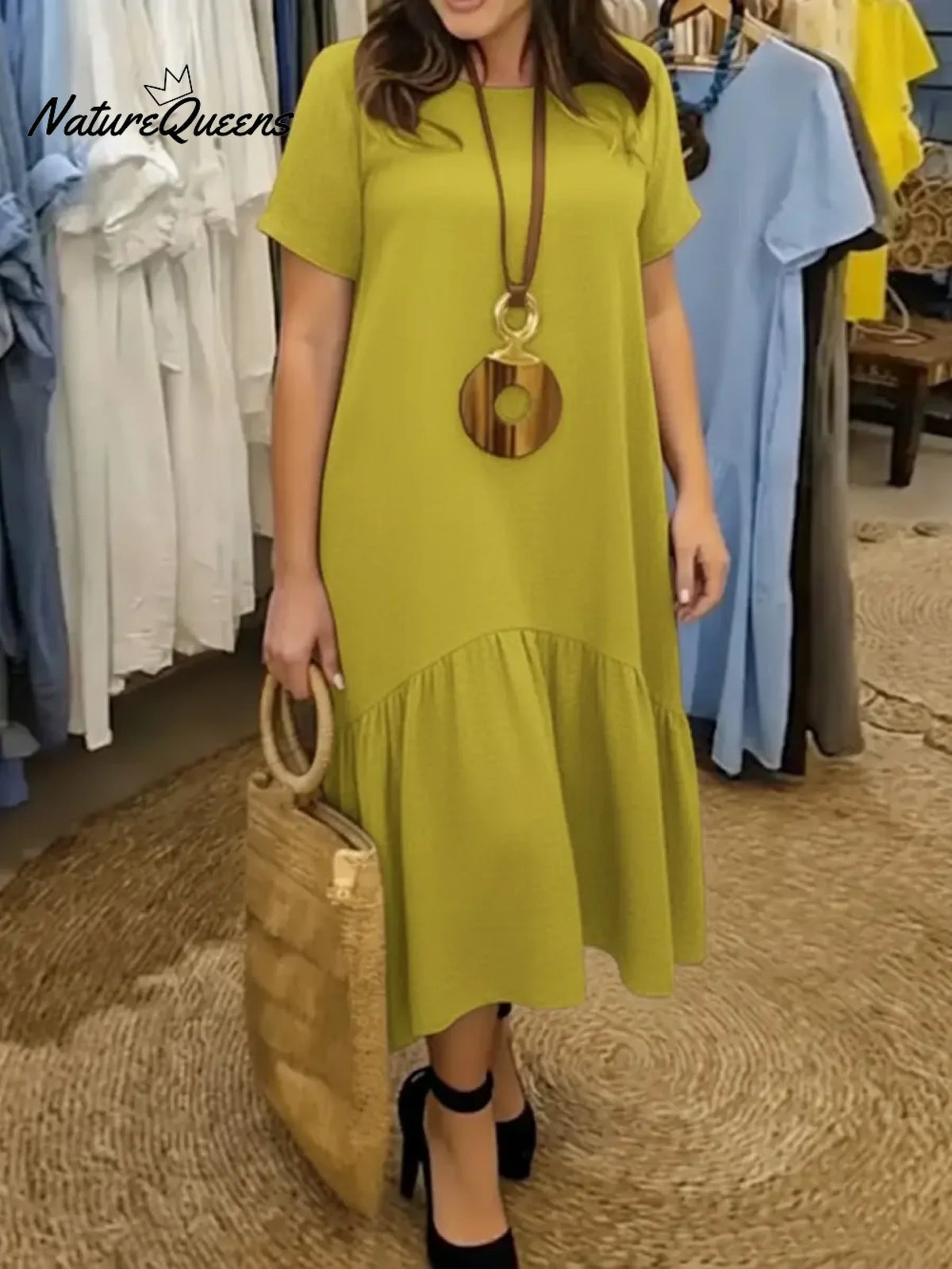 Women's Solid Color Round Neck Short-sleeved Casual Loose Ruffled Linen Dress