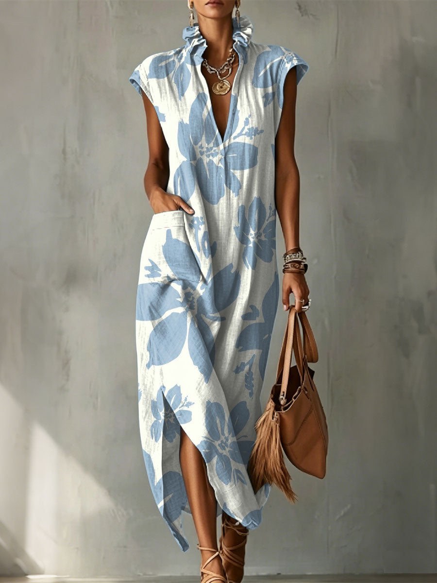 Elegant Floral Decorative Patterns Women's Bud Collar Linen Cotton Dress