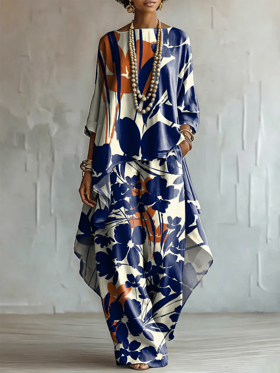Elegant Artistic Ink-splash Botanical Print Two-piece Set