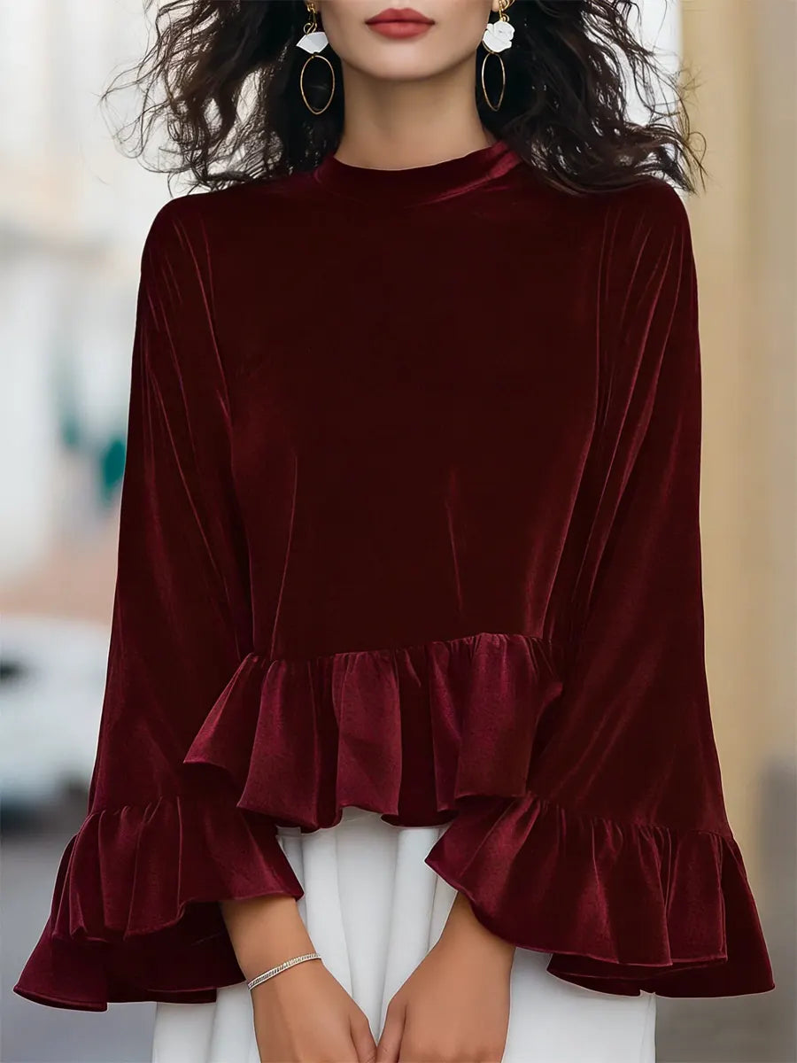 Women's Solid Color Ruffled Art Casual Long Sleeve Velvet Shirt