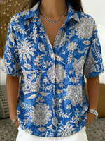 Women's Vintage Botanical Floral Casual Polo Collar Short-sleeved Linen And Cotton Shirt