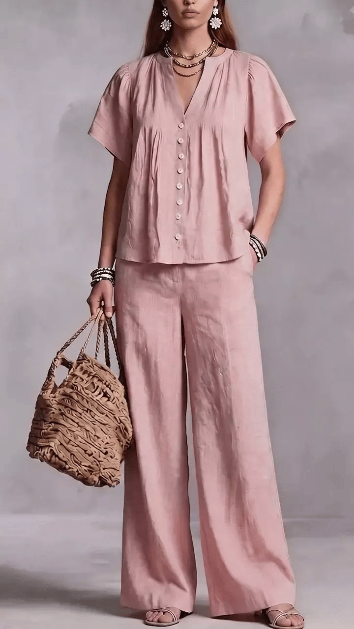 Women's Cotton-Linen V-Neck Casual Set for Beach Vacations