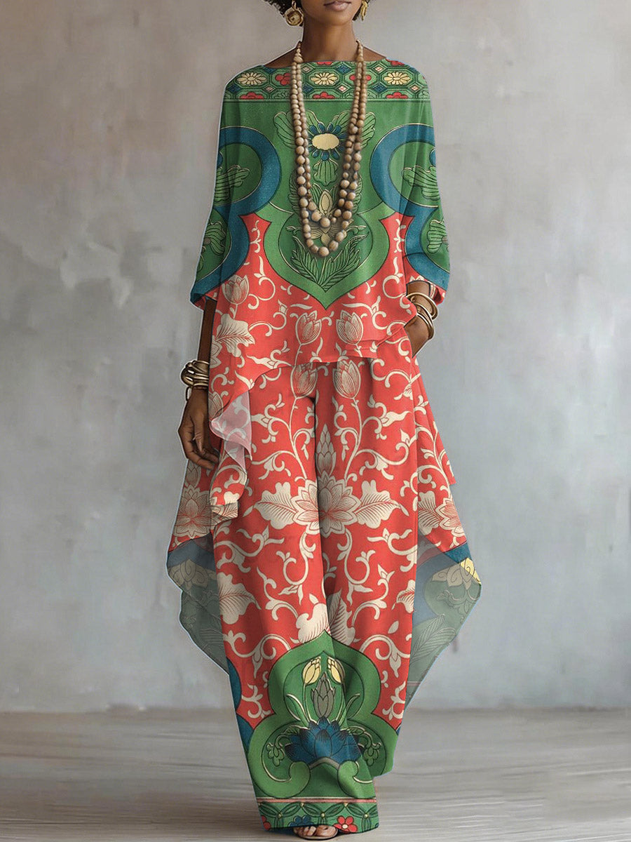 Women's Retro Floral Art Print Casual Stylish 3/4 Sleeve Cotton Linen Suits