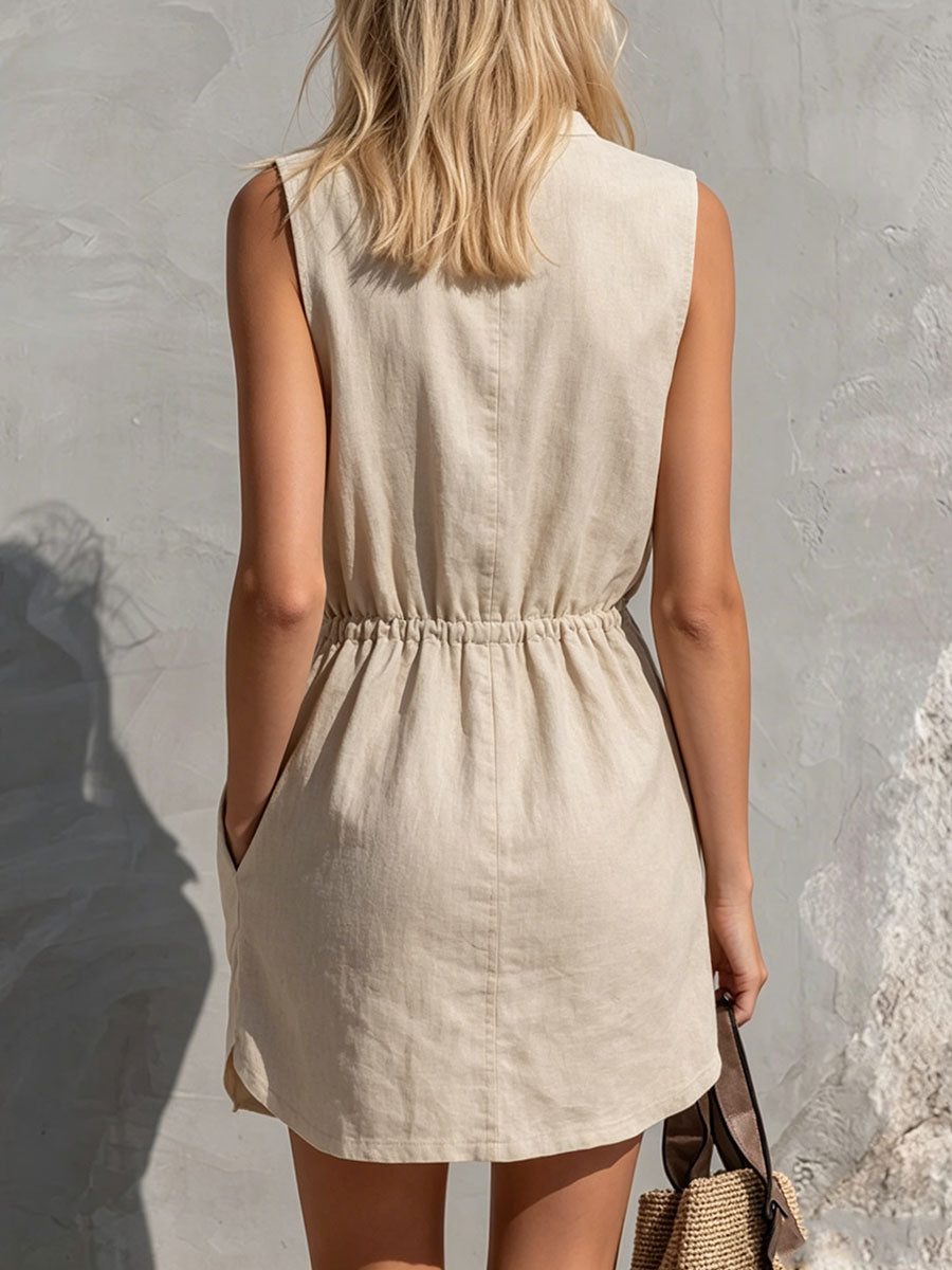 Women's Casual Retro Beige Sleeveless Crew-neck Cotton-linen Mini Dress